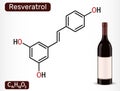 Resveratrol molecule and bottle of wine. Resveratrol is natural phenol, phytoalexin, antioxidant. Skeletal chemical formula