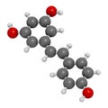 Resveratrol molecule. 3D rendering. Present in many plants, including grapes and raspberries. Believed to have a number of