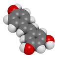 Resveratrol molecule. 3D rendering. Present in many plants, including grapes and raspberries. Believed to have a number of