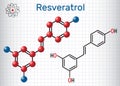 Resveratrol molecule. It is natural phenol, phytoalexin, antioxidant. Structural chemical formula and molecule model. Sheet of pa