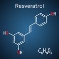 Resveratrol molecule. It is natural phenol, phytoalexin, antioxidant. Structural chemical formula and molecule model on the dark