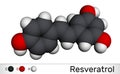 Resveratrol, trans-resveratrol molecule. It is stilbenoid, natural phenol, phytoalexin, antioxidant