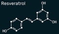 Resveratrol, trans-resveratrol molecule. It is stilbenoid, natural phenol, phytoalexin, antioxidant. Skeletal chemical formula on