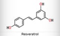 Resveratrol, trans-resveratrol molecule. It is stilbenoid, natural phenol, phytoalexin, antioxidant. Structural chemical formula