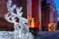 Reszel, Poland - January 30, 2024: Christmas illuminations at the Teutonic castle in Reszel in Warmia at dusk, Poland