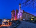 Reszel, Poland - January 30, 2024: Christmas illuminations at the Teutonic castle in Reszel in Warmia at dusk, Poland