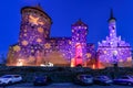 Reszel, Poland - January 30, 2024: Christmas illuminations at the Teutonic castle in Reszel in Warmia at dusk, Poland