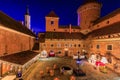 Reszel, Poland - January 30, 2024: Christmas illuminations at the Teutonic castle in Reszel in Warmia at dusk, Poland