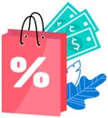 Retail bags with discount flat vector object. Special offer purchases with banknotes on background