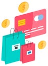 Retail bags with discount vector object. Special offer purchases with credit card on background