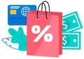 Retail bags with discount vector object. Special package with money and credit card on background