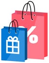 Retail bags vector object. Special offer purchases with symbols of holiday gifts and discounts