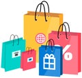 Retail bags vector object. Special offer purchases with symbols of world, delivery and discounts