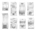 Retail bills. Check bill print, receipt of purchase or cafe. Isolated shopping paper receipts, store or restaurant