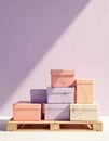 Retail box stack aligned on a wooden pallet against a pastel background Royalty Free Stock Photo