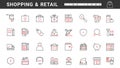 Retail commerce, online shop, discount sales, delivery thin red and black line icons set Royalty Free Stock Photo