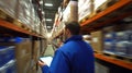 A retail employee utilizes an AI-powered inventory management system on a handheld device to manage shelves with