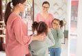 Retail, eye care and mother and daughter shopping for glasses at optician store, happy and relax while bonding and Royalty Free Stock Photo