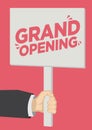 Retail Grand Opening promotion shoutout with a placard banner against a red background
