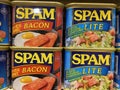 Retail grocery store can Spam meat lite and bacon Spam