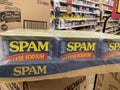 Retail grocery store full case of spam meat in a can