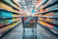 Retail hustle Department store with a blurry shopping cart scene Royalty Free Stock Photo