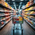 Retail hustle Department store with a blurry shopping cart scene Royalty Free Stock Photo