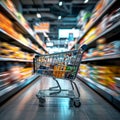 Retail hustle Department store with a blurry shopping cart scene Royalty Free Stock Photo