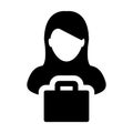 Retail icon vector female person profile avatar with shopping bag symbol for trading and commerce in flat color glyph pictogram Royalty Free Stock Photo