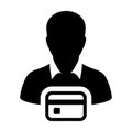 Retail icon vector male user person profile avatar symbol with credit card for banking and finance concept