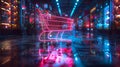 Retail innovation concept in a futuristic luminous style. Neon shopping cart with boxes, technology concept in logistics