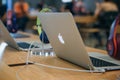 Retail sale of new MacBooks in the official store of Apple in Berlin. Royalty Free Stock Photo