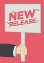 Retail Sale New Release shoutout with a placard banner against a red background