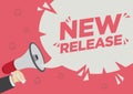 Retail Sale promotion shoutout of new release with a megaphone speech bubble against a red background Royalty Free Stock Photo