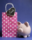 Retail Shopping Sale promotion with pink polka dot bag and piggy bank Royalty Free Stock Photo