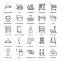 Retail store supplies flat line icons. Trade shop equipment signs. Commercial objects - cash register, basket, scales