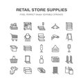 Retail store supplies line icons. Trade shop equipment signs. Commercial objects - cash register, basket, scales