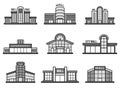 Retail stores symbols. Supermarket icons shopping mall facade building exterior structure monochrome recent vector Royalty Free Stock Photo