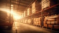 Retail warehouse full of shelves with goods in cardboard boxes and packaging. Logistics, sorting and distribution complex for