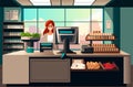 retail woman cashier at checkout in supermarket shopping concept grocery market interior horizontal portrait