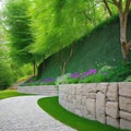 Retaining Wall Design with Concrete and Stone Collar for Garden and Park Landscaping amidst Royalty Free Stock Photo