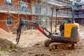 Retaining wall and pre-cast stairs in front of the new residential multistorey apartment building made of brick Royalty Free Stock Photo