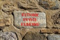 Rethink revise rebrand symbol. Concept word Rethink Revise Rebrand on beautiful big stone. Beautiful stone wall background.