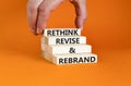Rethink revise rebrand symbol. Concept word Rethink Revise and Rebrand on beautiful block. Beautiful orange background. Business Royalty Free Stock Photo