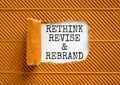 Rethink revise rebrand symbol. Concept word Rethink Revise and Rebrand on beautiful paper. Beautiful brown paper background. Royalty Free Stock Photo