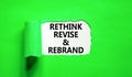 Rethink revise rebrand symbol. Concept word Rethink Revise and Rebrand on beautiful paper. Beautiful green paper background.