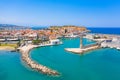 Rethymno city at Crete island in Greece. Aerial view of the old venetian harbor Royalty Free Stock Photo