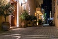 Night narrow street of old town center, decorated with flower pots. Royalty Free Stock Photo