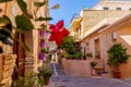 View down a traditional residential street in the old town of Rethymno on the island of Crete Royalty Free Stock Photo