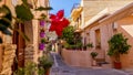 Rethymno, Greece - August 11, 2020 - View down a traditional residential street in the old town of Rethymno on the island of Crete Royalty Free Stock Photo